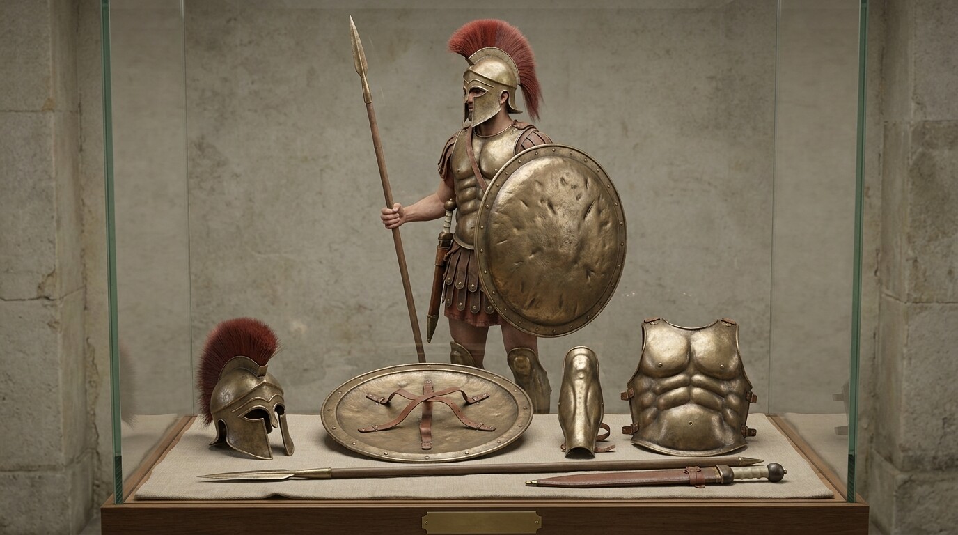 Equipment breakdown: a detailed, almost forensic illustration of the full Roman hoplite panoply of circa 509 BC — helmet, shield, spear, body armor, greaves, sword — laid out or worn by a figure, with clear visual detail showing construction and materials.