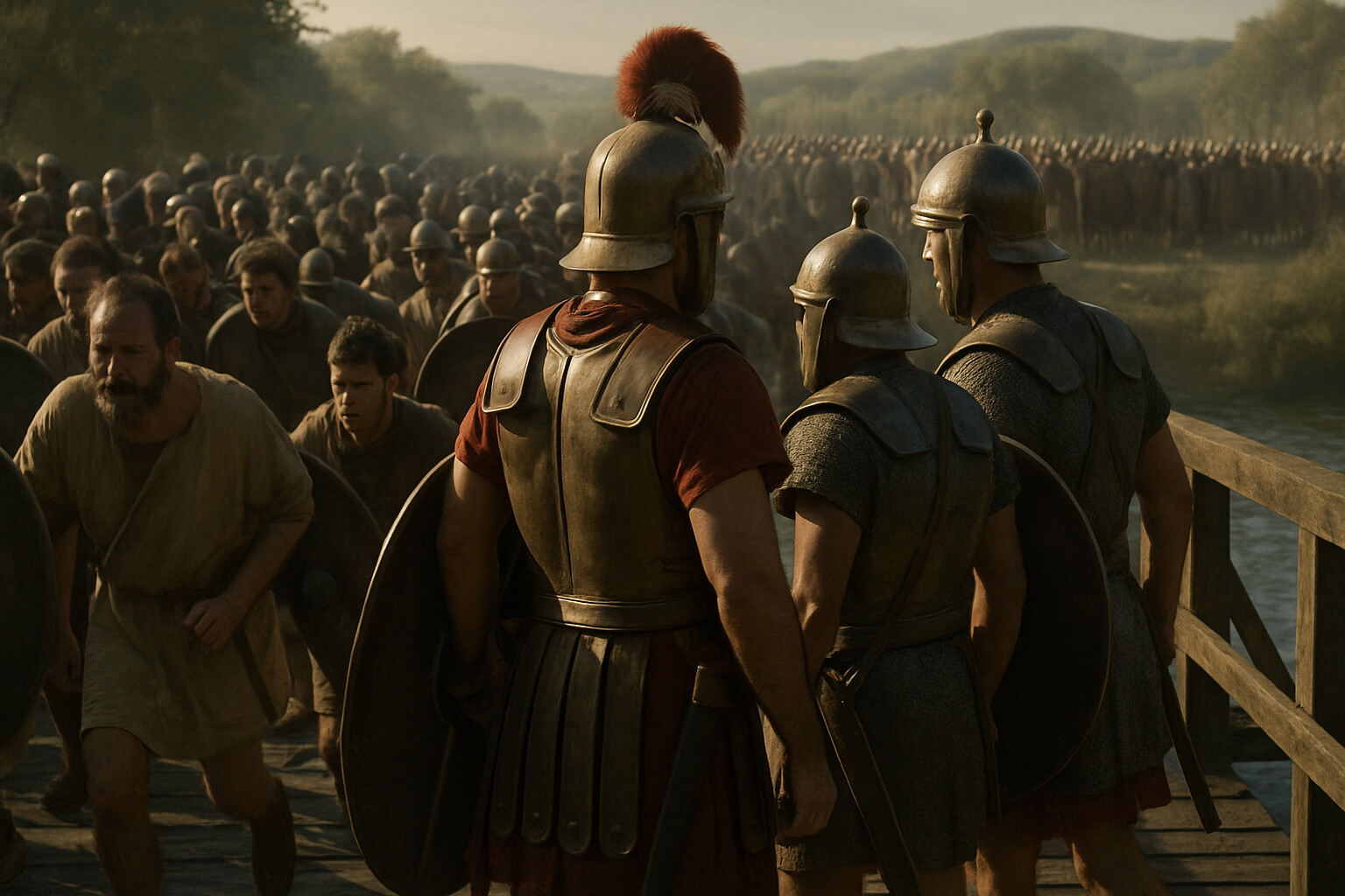 Intimate human scene: the moment before Horatius goes to the bridge — shown in the middle of the Roman withdrawal, soldiers streaming past him toward the safety of the eastern bank, Horatius turning back, his two companions beside him. The human scale of the decision, not the heroic proclamation of it.