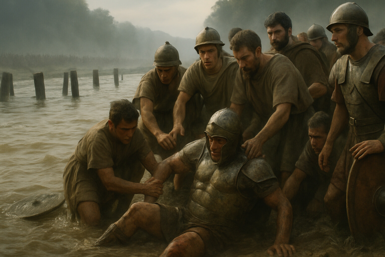 Aftermath scene: Horatius pulled from the Tiber on the Roman bank, injured, surrounded by Romans who have watched the crossing. The bridge is gone — only the pilings visible in the river. This is the cost and the survival, not a triumph scene.