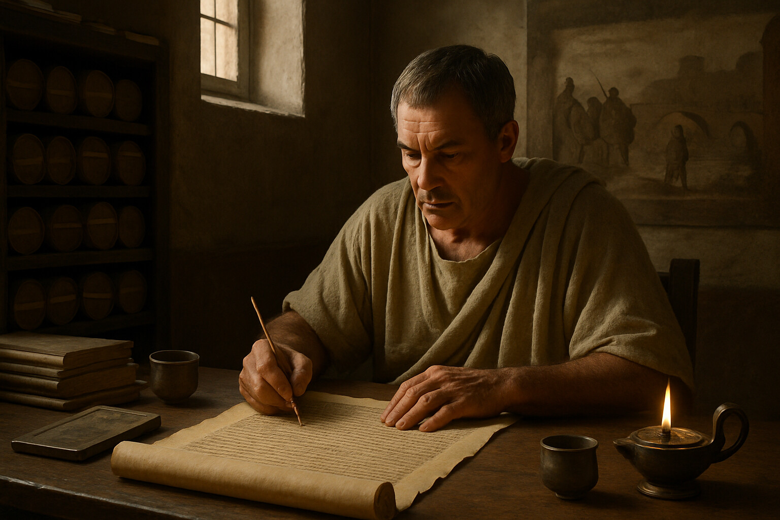 Source and record scene: a Roman scribe or scholar in a later period — approximately 1st century BC — working on a scroll, with reference materials around him, capturing the Horatius tradition in writing. Representing the transmission of the story through time, the act of preservation itself.