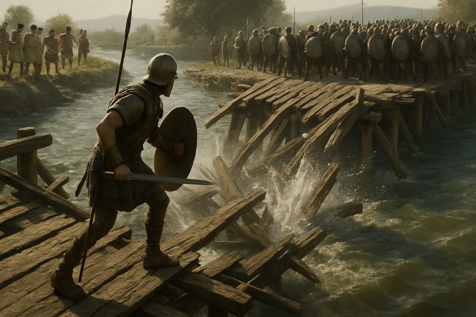 Story-specific visual: the moment of the bridge's collapse — Horatius at the western end as the timbers give way beneath him, the Etruscan army halted on their side, the gap opening in the middle of the structure, the Tiber below. The pivot point of the entire story.