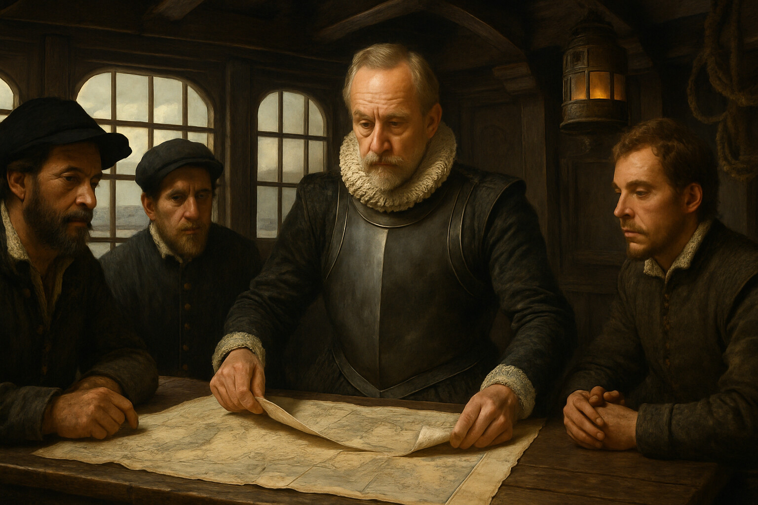 Portrait scene: Lord High Admiral Charles Howard aboard Ark Royal, studying charts or dispatches with his senior captains before the campaign opens
