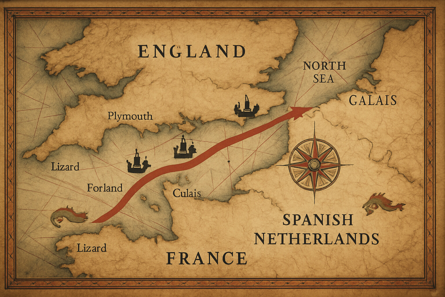Map panel: the Armada's route up the English Channel and the positions of the main engagements, visually rendered as a historical chart