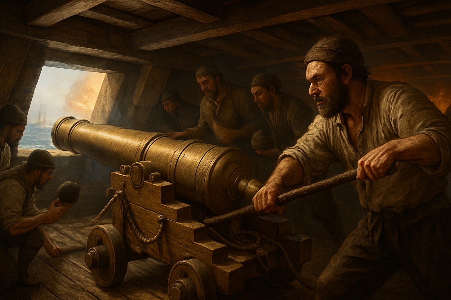 Weapon/equipment panel: English naval culverin on its four-wheeled truck carriage inside the gun deck of an Elizabethan warship during the heat of the Gravelines battle