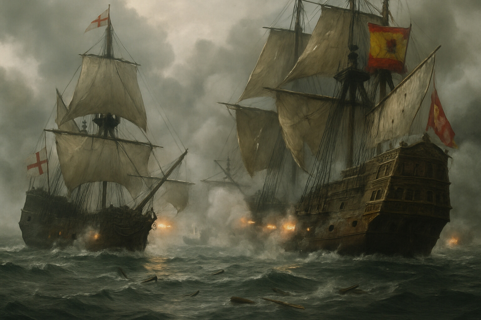 Action scene: the Battle of Gravelines at its height — English and Spanish galleons exchanging fire at close range, smoke and damage visible