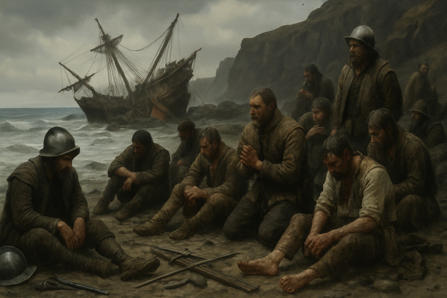 Aftermath and human cost: Armada survivors on the Irish coast in the autumn of 1588 — Spanish sailors wrecked ashore, the wreckage of a galleon in the background