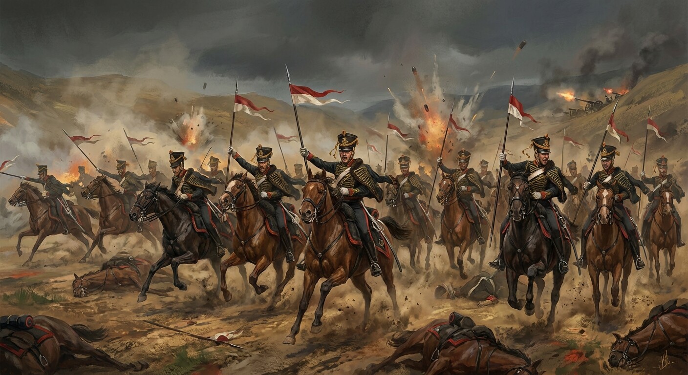 The Light Brigade in full gallop through artillery fire in the North Valley
