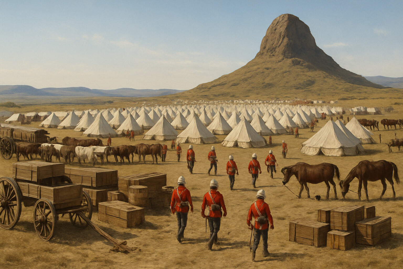 The British camp at Isandlwana before the battle — the sphinx rock looming, white tent rows spread across the plain, red-coated soldiers moving about morning duties, supply wagons, cattle, the vast apparatus of a Victorian military camp