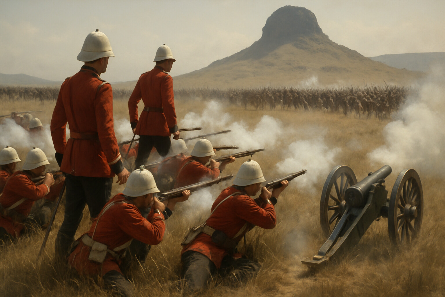 The British defensive line in action — redcoats of the 24th firing Martini-Henry rifles in volleys at the advancing Zulu chest across open grassland, officers standing behind the line, the two 7-pounder mountain guns firing from the flank