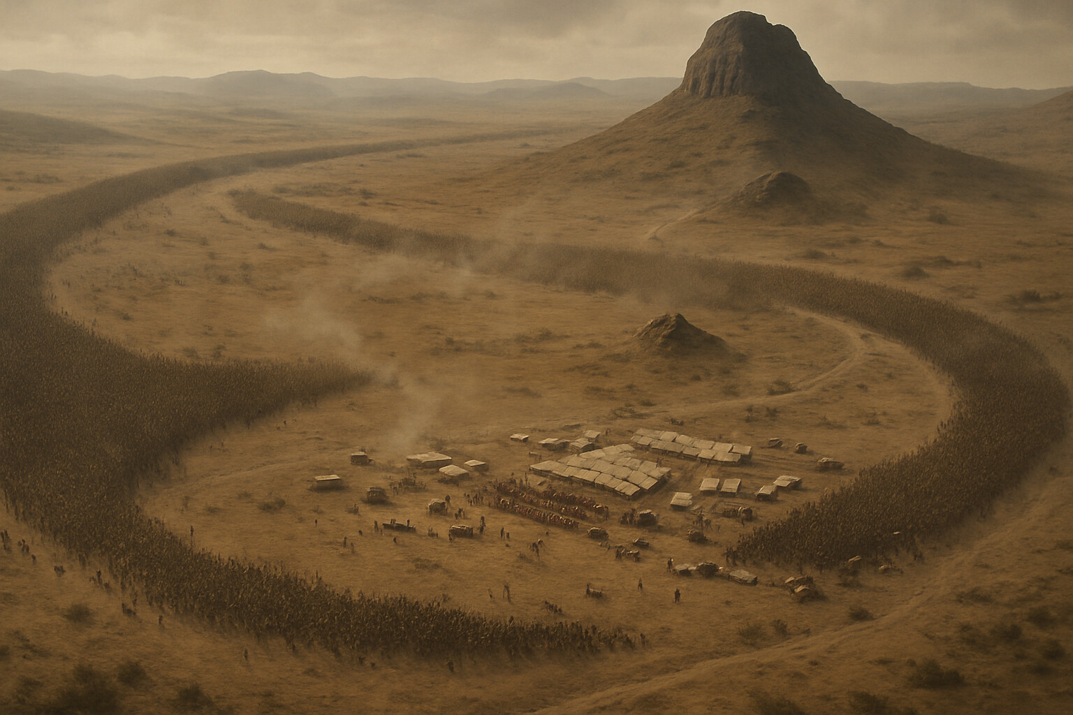 The Zulu impondo zankomo in full motion — aerial or elevated view showing the chest pressing the front while both horns sweep wide in great arcs to envelop the British camp from north and south, the mathematical elegance and terror of the formation made visual