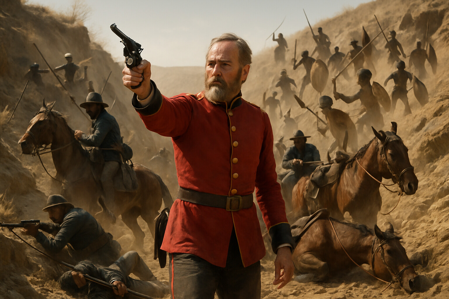 An intimate human scene: Lieutenant-Colonel Durnford at his final position in the donga east of the camp, making a last stand with a small group of Natal Native Horse, surrounded, out of ammunition or nearly so, Zulu warriors closing from every direction