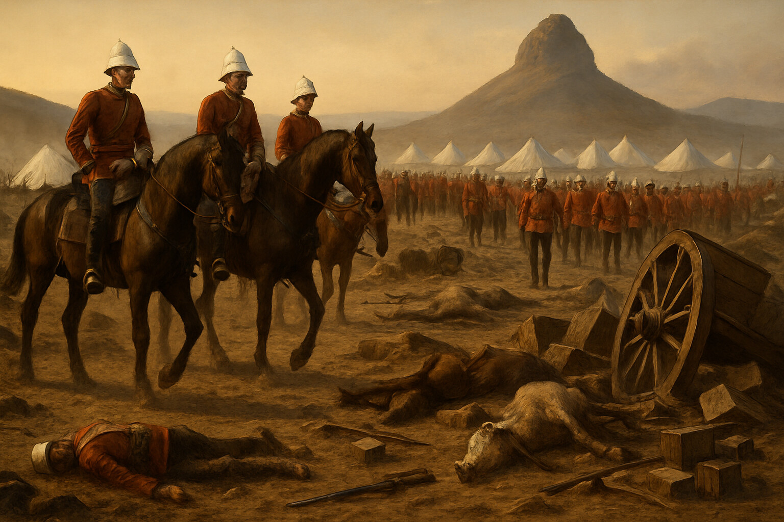 The aftermath at Isandlwana — Chelmsford's returning column moving into the ruined camp in the late afternoon, white tents still standing, the vast wreckage and dead across the plain, the sphinx rock as silent witness