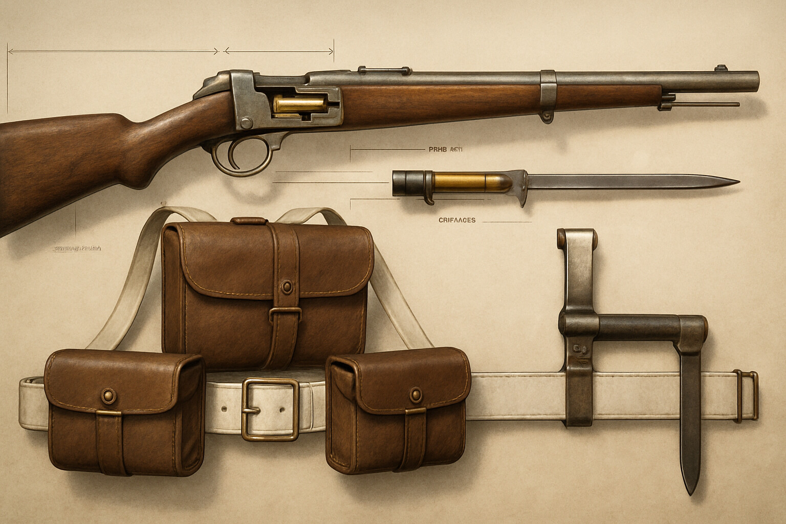 The Martini-Henry rifle in cutaway diagram detail — the falling block breech mechanism exposed, cartridge visible, alongside the soldier's kit: ammunition pouches, bayonet, belt equipment of the 1879 British infantry