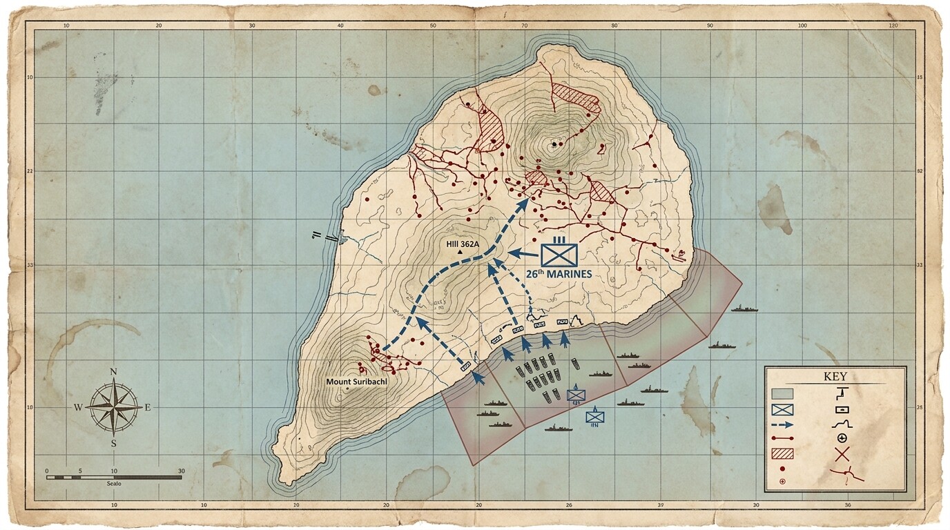 Tactical map showing Iwo Jima with Marine landing zones, Japanese defensive positions, and the 26th Marines' advance route