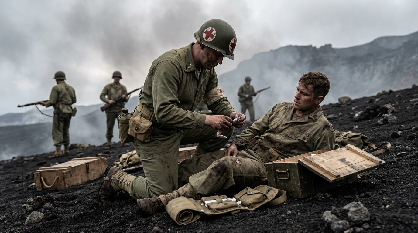 Intimate scene of Navy corpsman treating Lucas's devastating injuries immediately after the explosion