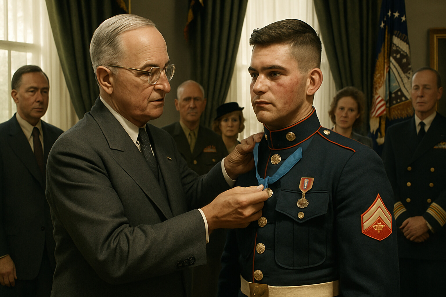 President Truman presenting the Medal of Honor to 17-year-old Lucas at the White House ceremony