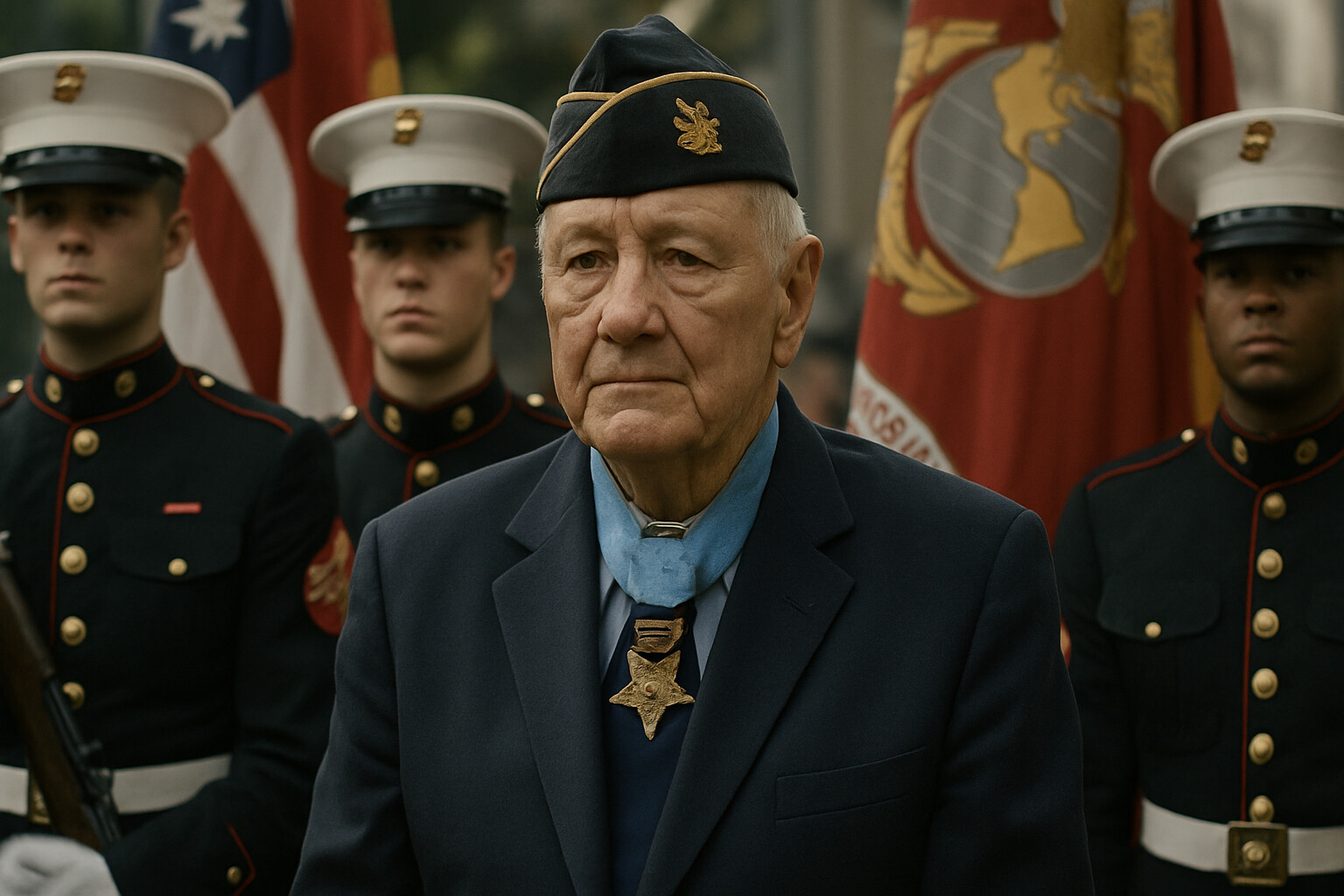 Lucas as an elderly veteran at a Marine Corps ceremony, representing the legacy of his courage