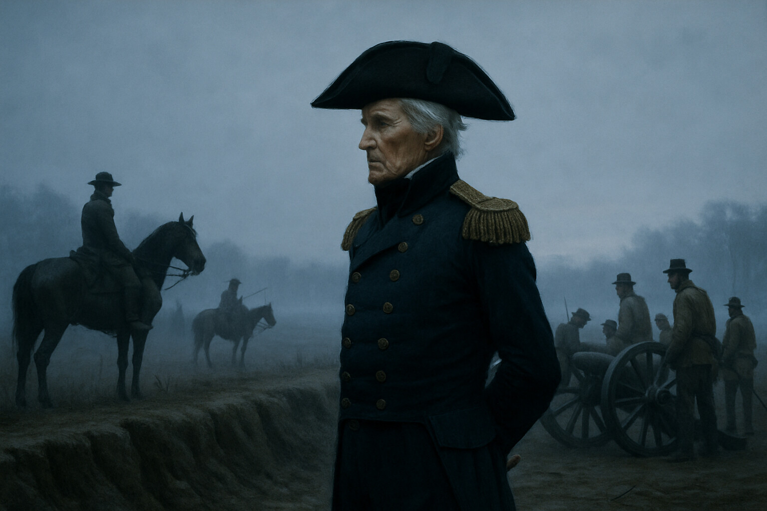 Portrait scene: Andrew Jackson on horseback or on foot at the Rodriguez Canal Line, gaunt and commanding, surveying the fog-shrouded field before the assault.