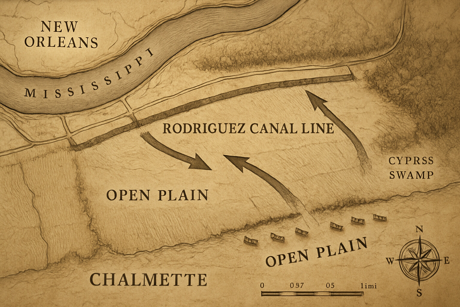 Map and tactical overview: a documentary-style overhead map view of the Chalmette battlefield showing the Rodriguez Canal Line, the open plain, the Mississippi River, and the British assault arrows.