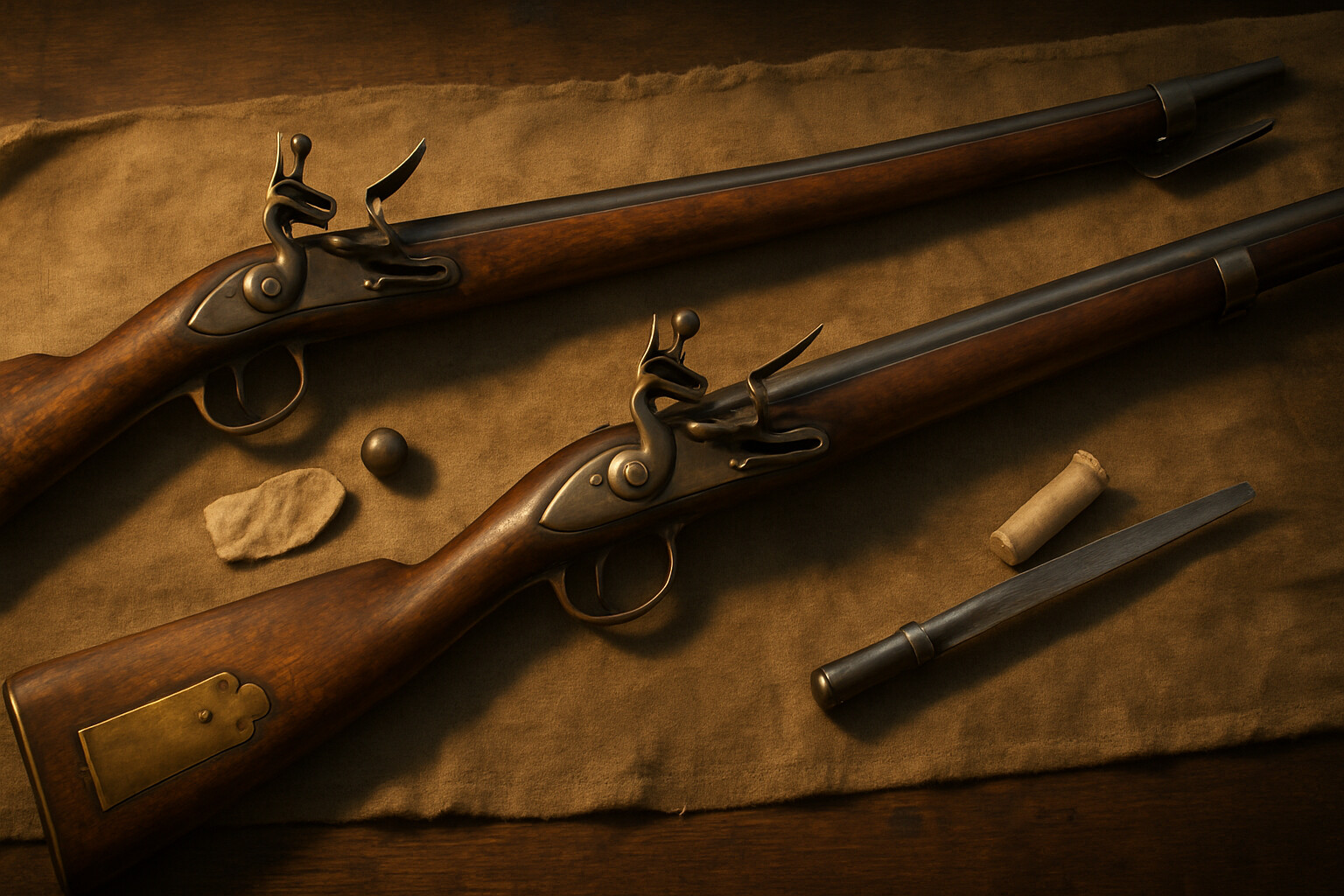 Weapon detail panel: the Kentucky long rifle and the U.S. Model 1795 Springfield musket side by side, with period-accurate detail.