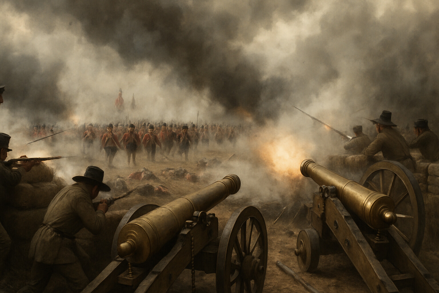 Action scene: the peak of the British assault, British columns advancing across the open Chalmette plain under American artillery fire, smoke and chaos.