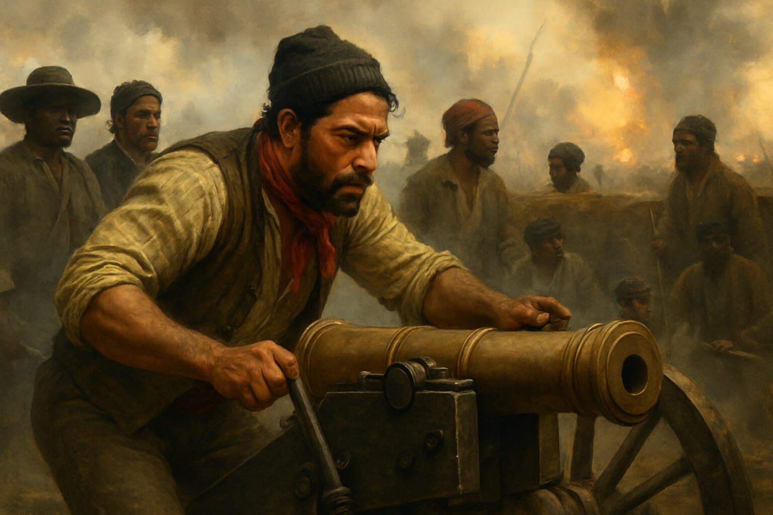 Intimate human scene: Baratarian gunner Dominique You or a generic Baratarian artillerist at his gun during the battle, the multinational character of the American defense.