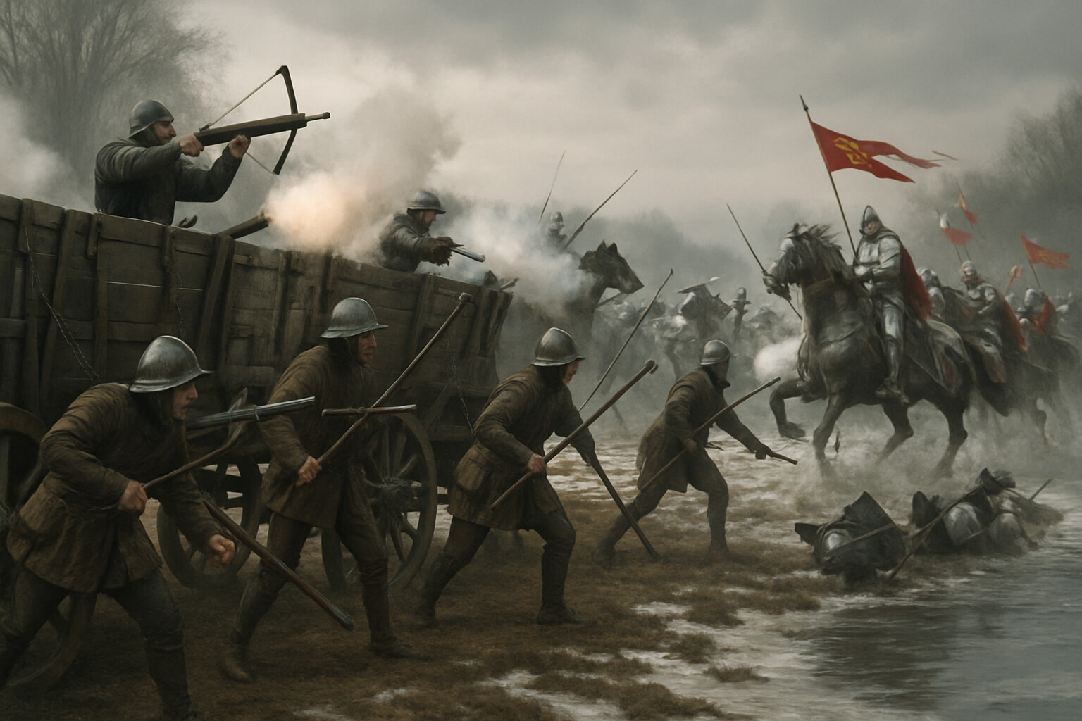 The Battle of Sudomer, March 1420: Hussite war wagons chained in a defensive ring beside a frozen pond. Armored cavalry charge from the right toward the wagon wall. Crossbowmen and hand-cannon crews fire from the wagon beds. Foot soldiers with war flails and pikes brace in the gaps between wagons. The cavalry breaks and disorders against the obstacle.