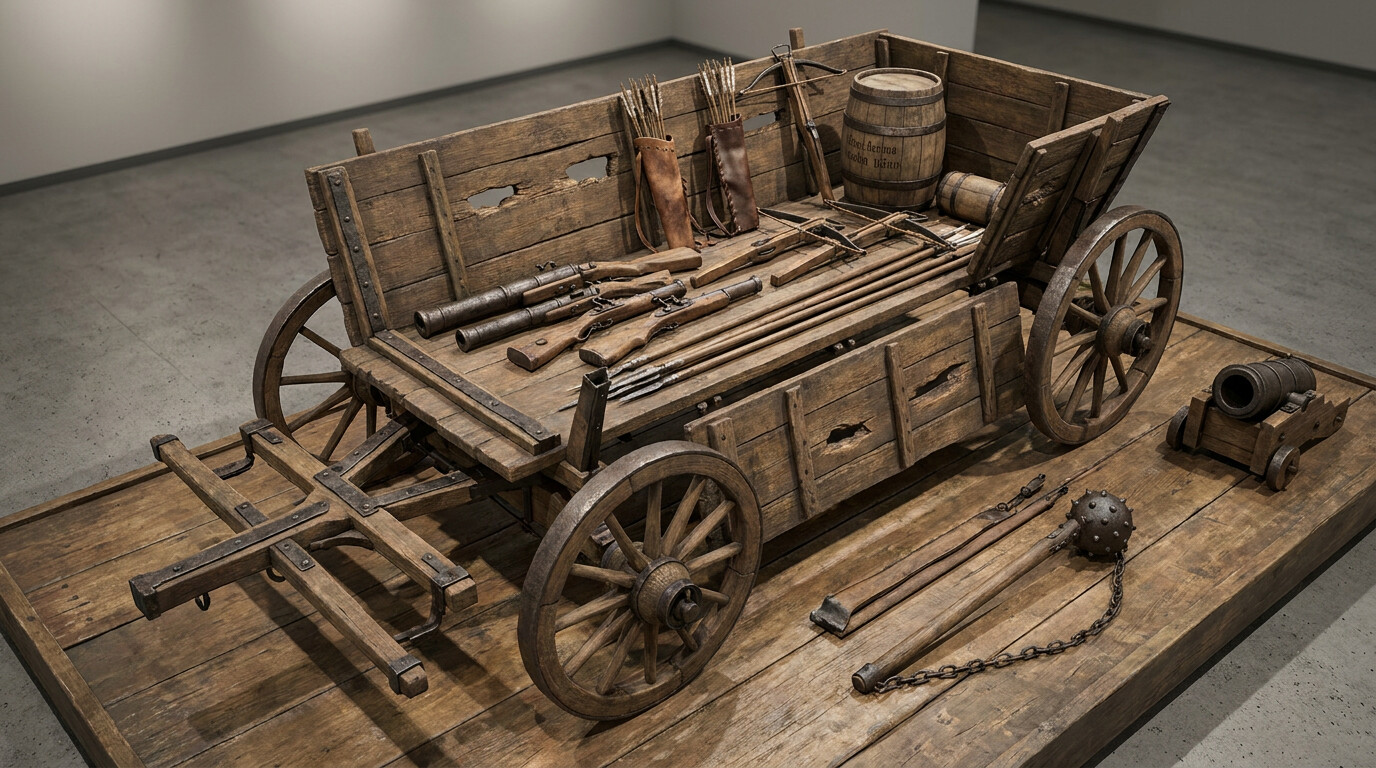 equipment breakdown panel: a cross-section or exploded view of a Hussite war wagon, showing the reinforced timber frame, iron fittings, wooden side shields, crew positions, weapons carried, and a small artillery piece at the corner. Technical museum-diagram aesthetic but rendered photographically.