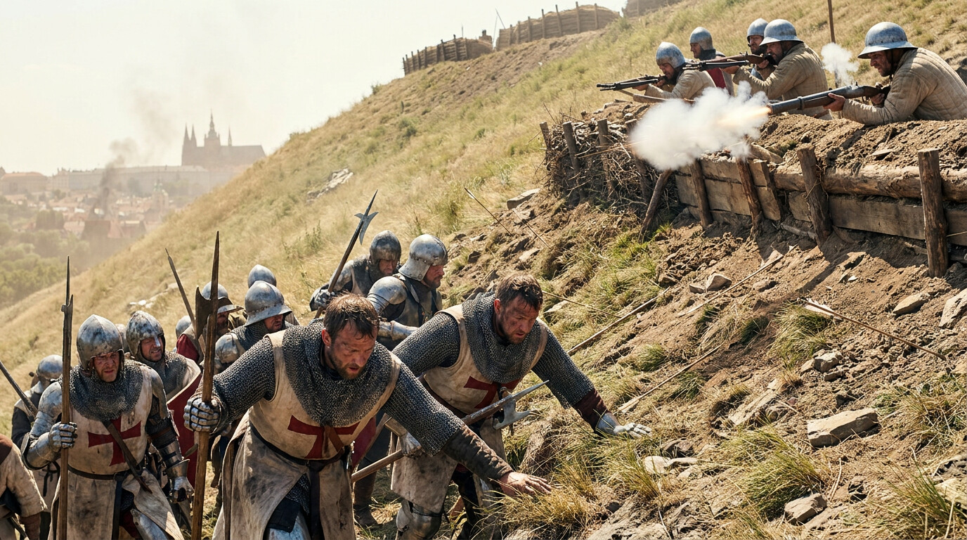 The Battle of Vitkov Hill, July 1420: looking up from the crusader perspective at the steep slope of Vitkov Hill. At the crest, behind earthworks, Hussite defenders fire crossbows and hand cannon down at armored crusaders struggling uphill. The slope is exhausting. The defenders are few but the terrain multiplies them. Prague's towers are visible in the far background.