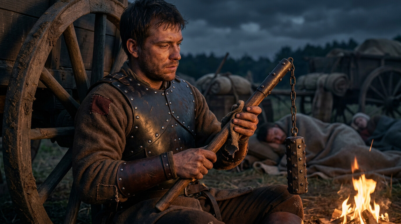 Intimate human scene: a Hussite soldier—a former farmer, perhaps 30 years old—sits beside a wagon wheel at night, cleaning his war flail by firelight. His hands are rough, his clothing is worn peasant cloth with a leather chest piece. The flail's iron-studded head rests in his lap. He looks tired, not frightened. Around him, camp fires and the shapes of other men sleeping.
