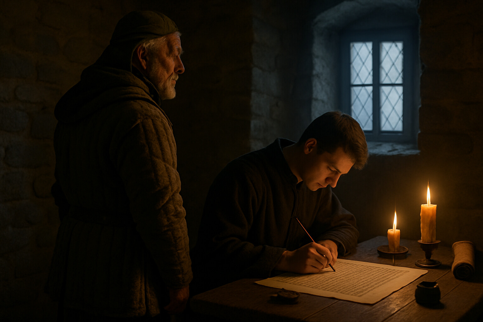 Aftermath and record scene: a scribe seated in a stone-walled room transcribes a military ordinance being dictated to him by Žižka, who stands nearby with his back partly to us, facing a window. The ordinance document—the military regulations of 1423—is being written by candlelight. The power of a blind commander shaping his army through written law.