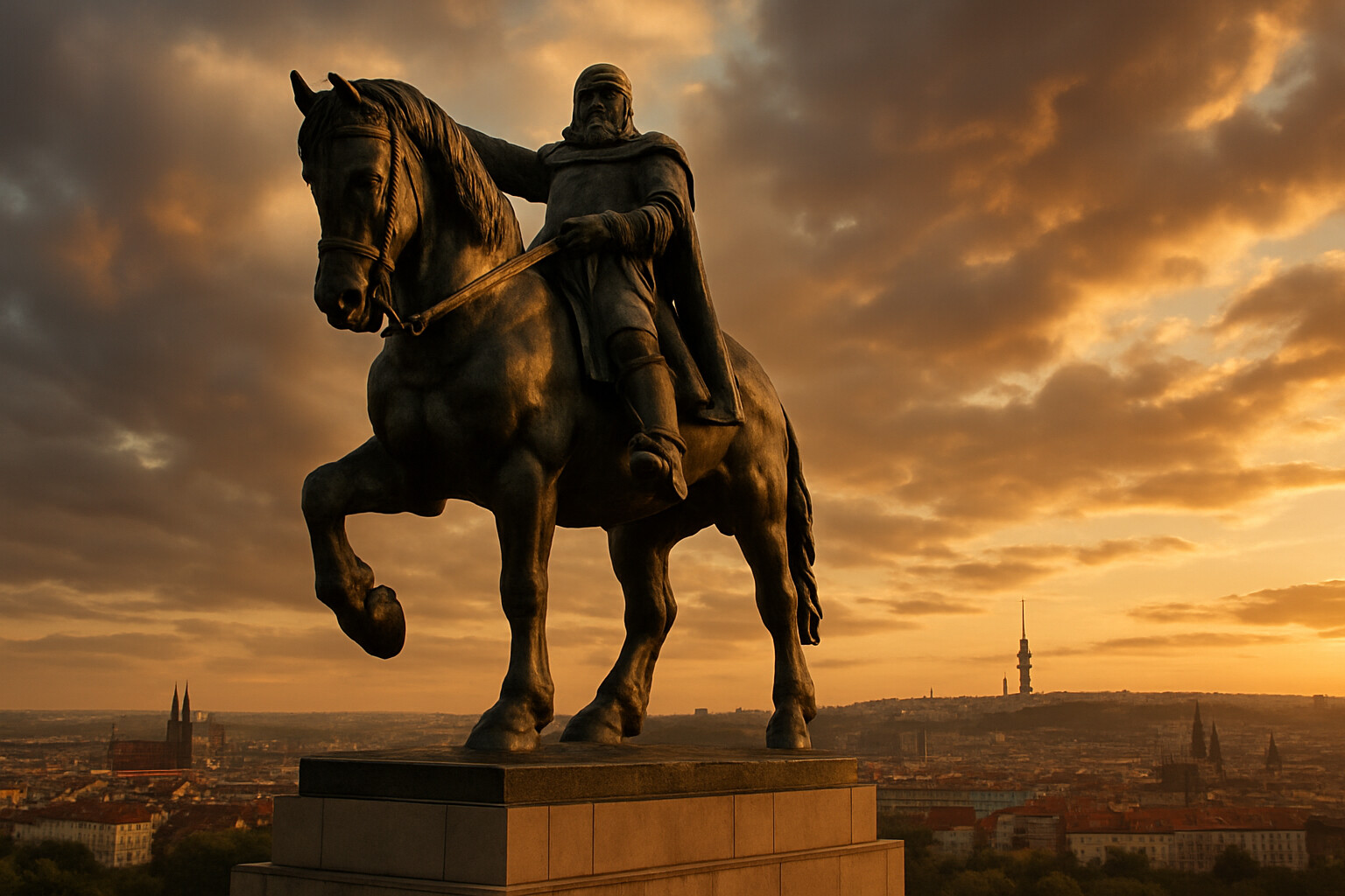 Legacy panel: the large equestrian bronze statue of Žižka on Vitkov Hill in Prague, at golden hour, seen from below and slightly to the side. The massive bronze figure on horseback dominates the frame against a dramatic sky. The statue is historically accurate to the real monument. The city of Prague is visible in the distance below the hill.