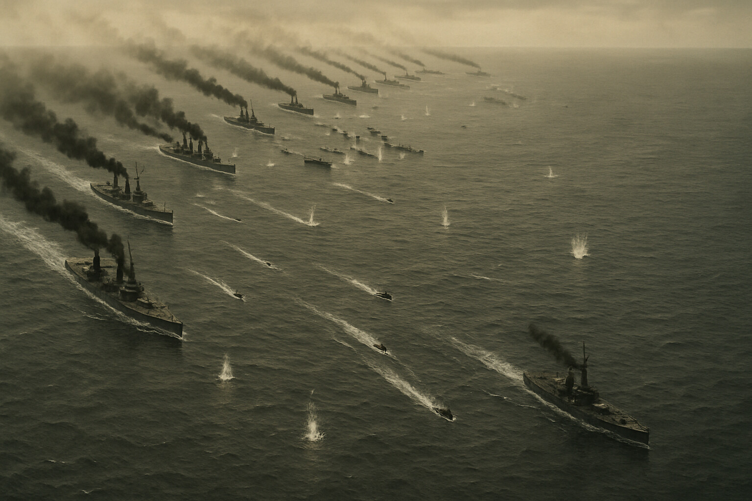 Panoramic aerial view of the battle — the two great fleets converging on the North Sea, the British in their six-column formation deploying into a battle line, smoke and shell splashes visible across miles of grey water, establishing the scale of the engagement.