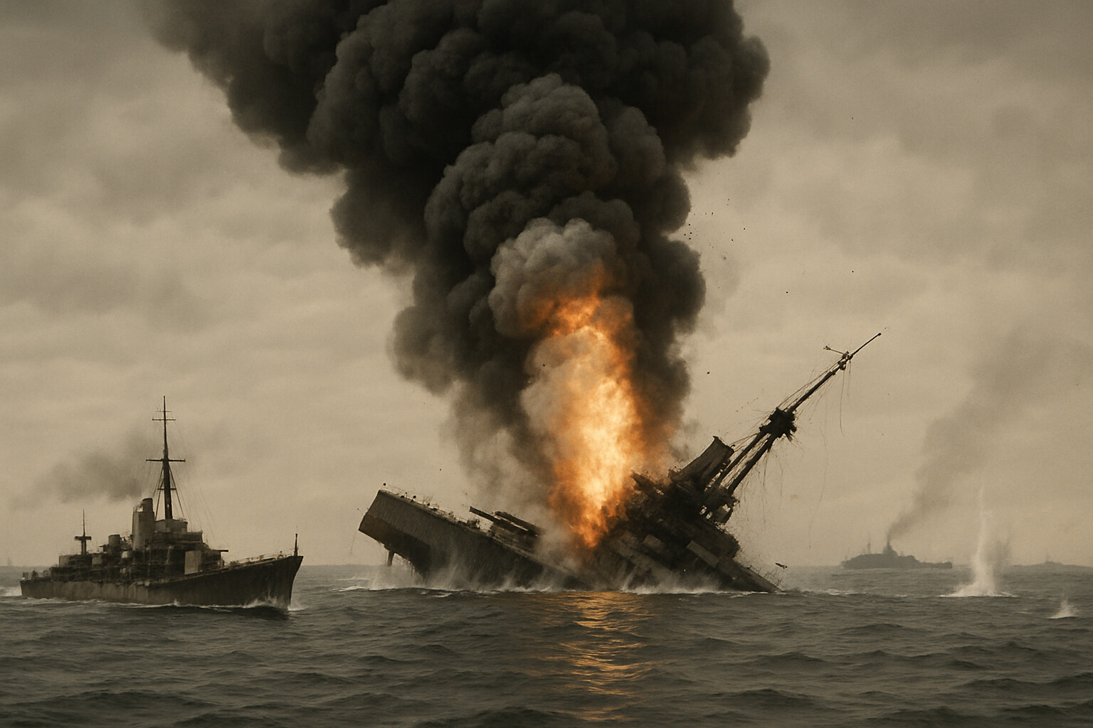 The destruction of HMS Queen Mary — a British battlecruiser erupting in a catastrophic magazine explosion during the afternoon battlecruiser action, the ship tearing apart in an enormous column of smoke and flame visible for miles.