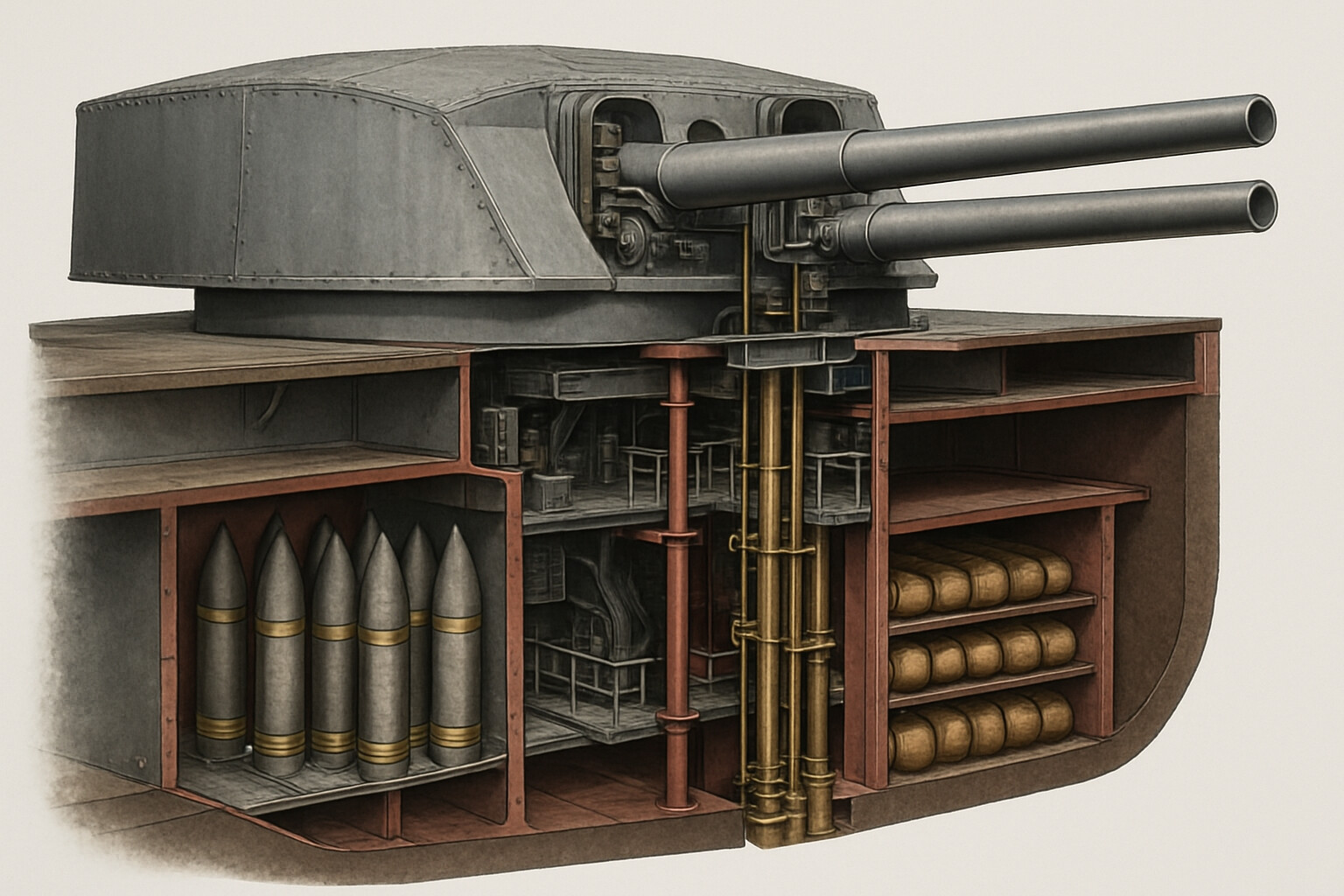 Cross-section technical diagram panel showing the BL 13.5-inch twin turret aboard a British dreadnought — the machinery, the shell hoists, the magazine below, and the armor — illustrating both the weapon's power and the magazine explosion vulnerability that destroyed British battlecruisers.