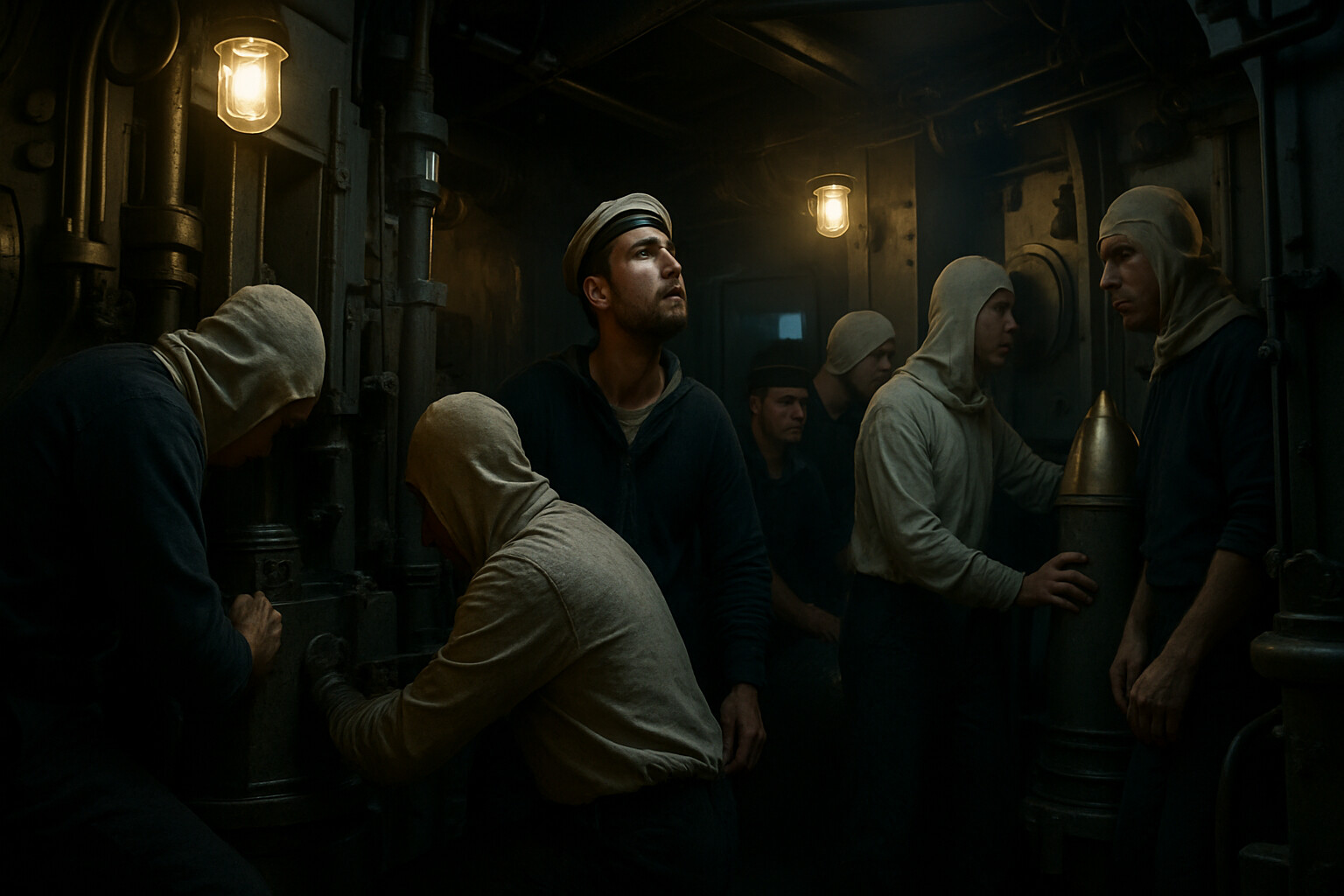 Intimate human scene: sailors at action stations inside a battleship's gun turret, waiting — the interior of the working chamber or shell room, men in their positions in the near-darkness, the tension of waiting for the order to fire or for a shell to come through the armor.