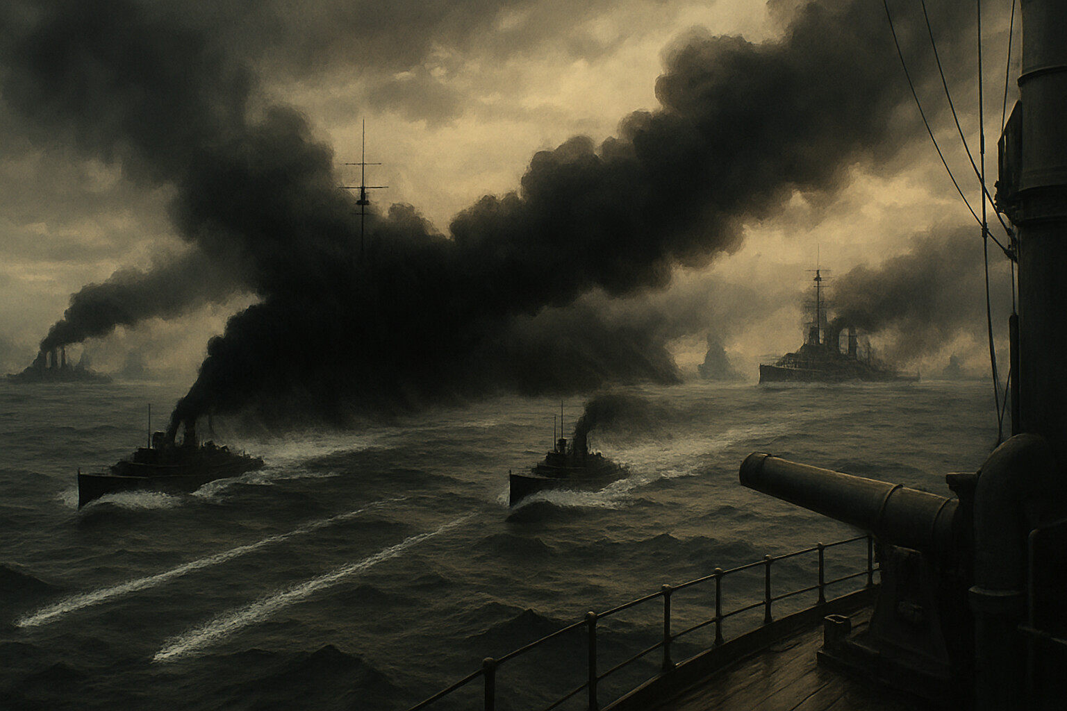 The German Gefechtskehrtwendung — the battle turnaway — seen from a British perspective: the German battle line reversing course in the smoke, destroyers surging forward between the fleets laying smoke screens, torpedo wakes visible in the water.