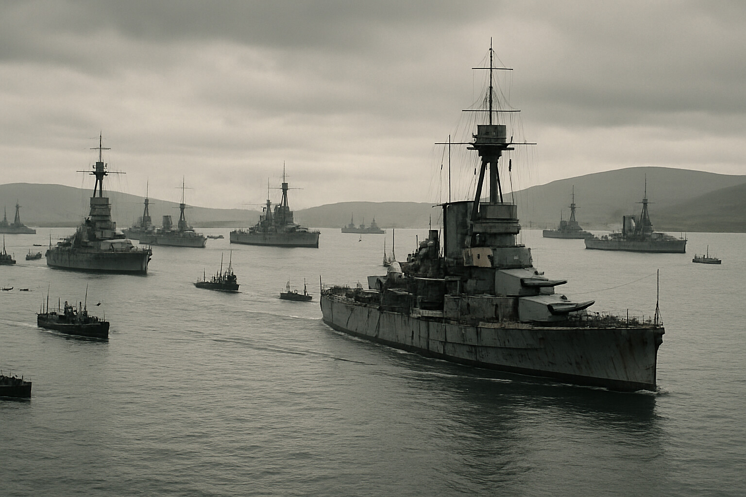 Aftermath and legacy: The Grand Fleet returning to Scapa Flow anchorage in the grey light of early June 1916 — the great fleet intact, steaming in order through the Orkney waters, damaged ships visible among the undamaged, the scale of what came home conveying both survival and cost.