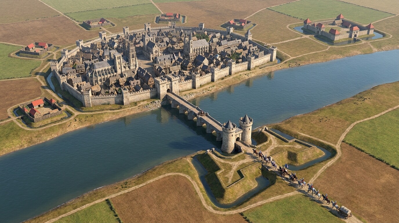 Aerial perspective map-style illustration of Orléans in 1429, showing the Loire River, the city walls, the bridge with Les Tourelles on the south bank, and the ring of English bastilles including Saint-Loup to the east. French relief forces are visible crossing from the city to the south bank. The scene establishes the geography of the siege.