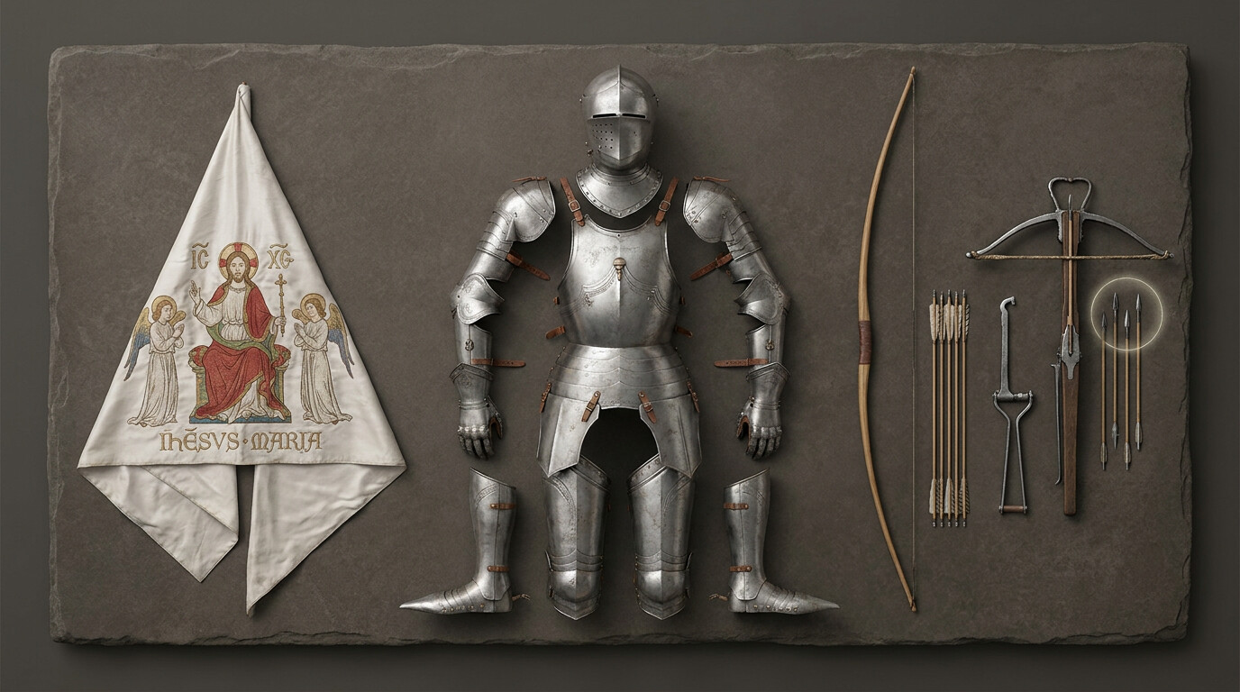 Equipment breakdown panel: A detailed still-life of Joan of Arc's battlefield equipment laid out—the fitted plate armor in components, the white standard with its religious imagery, and a crossbow bolt for scale reference alongside a longbow and crossbow from the period. This is a documentary technical illustration of the weapons and armor of the campaign.