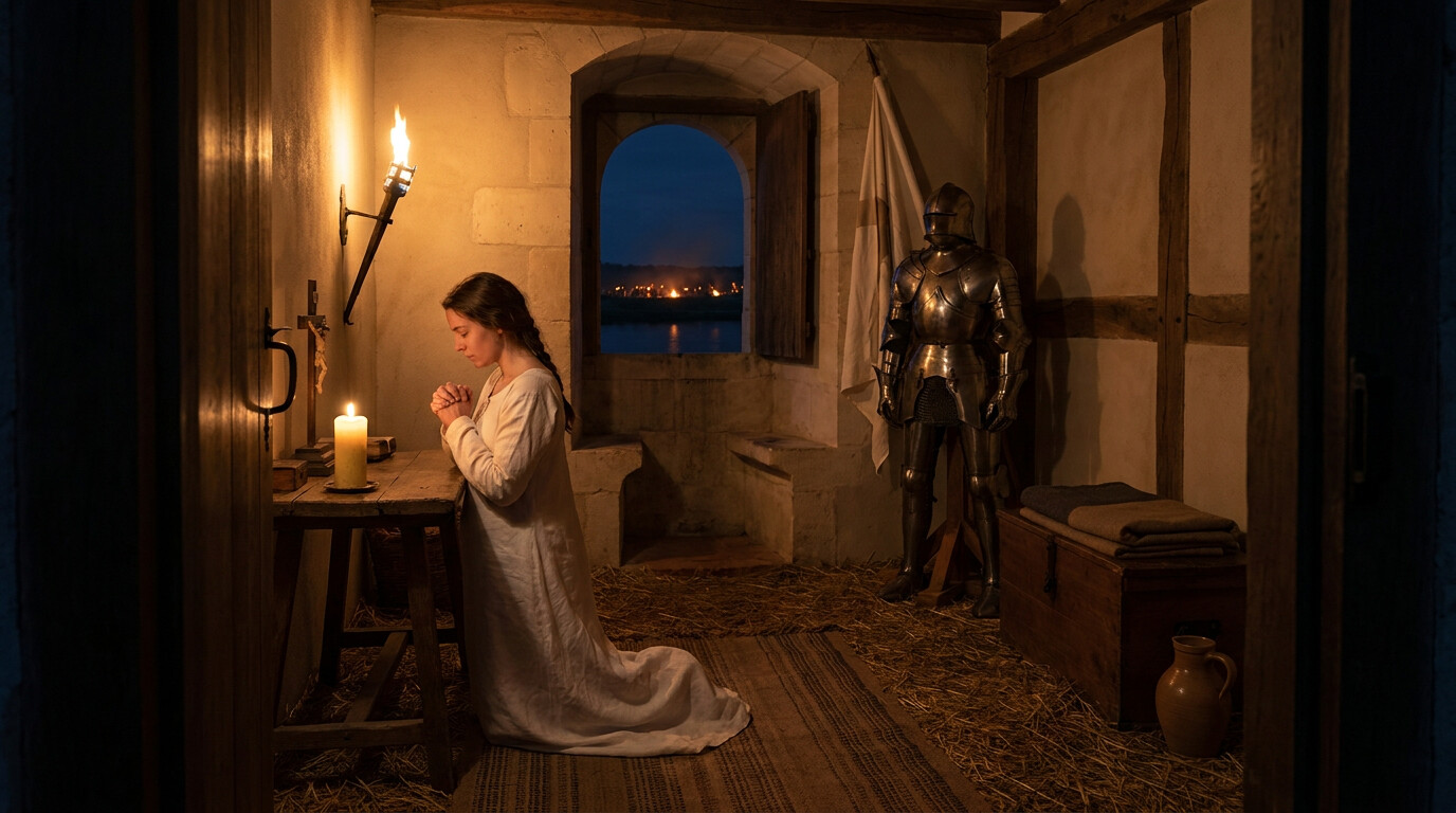 Intimate human scene: Joan the night before the assault, in the house of Jacques Boucher in Orléans. She is kneeling in a small private room, torchlight, in her linen underdress, praying. Her armor stands in the corner on a wooden stand. A single candle. Through a narrow window, the distant glow of English campfires or torches is visible across the Loire. The scene conveys the private, solitary human dimension of the moment.
