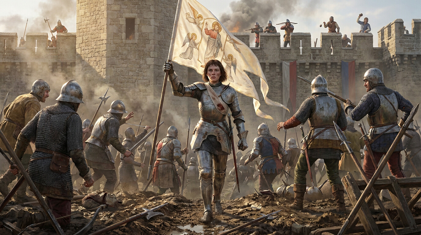 The return: Joan re-entering the assault at Les Tourelles after her wound, carrying her standard upright as she descends back into the ditch. French soldiers who had stopped or wavered are visibly responding, turning back toward the wall. It is the decisive moment of the battle. The standard is the visual center of the image.