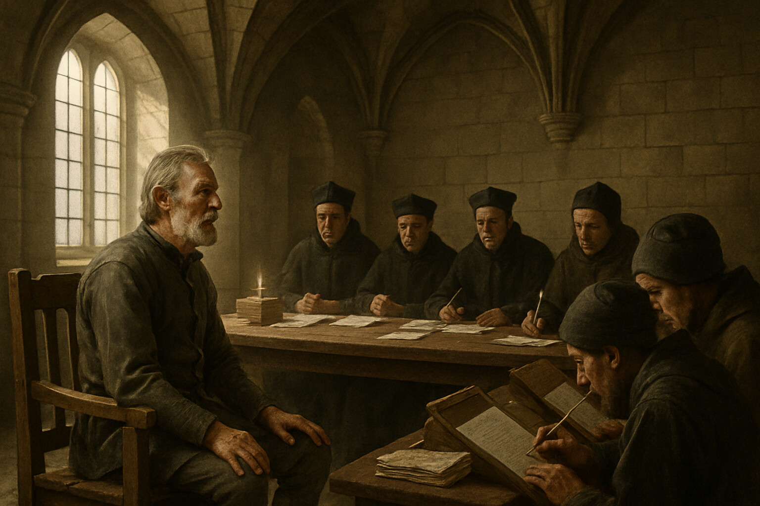 Aftermath and record scene: The Rehabilitation Trial of 1455-56. An aged Jean de Dunois sits before ecclesiastical examiners in a formal legal setting, giving his deposition about the events at Orléans. Scribes record his words. The scene depicts the process by which the historical record was created—simultaneously an act of justice and of documentation.