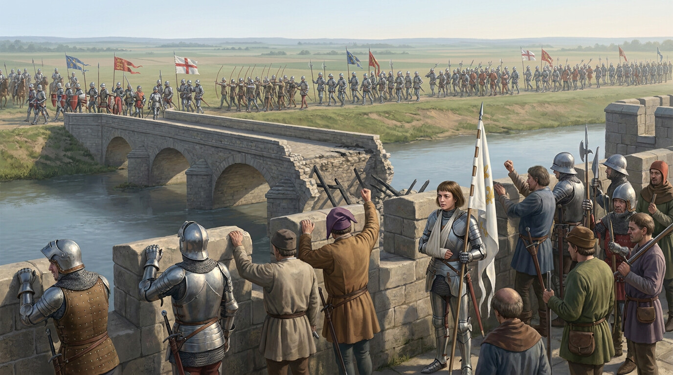 Legacy panel: The morning of May 8, 1429—the English army, in ordered formation, marching away north from Orléans across open ground, banners still flying but their faces turned away from the city. In the mid-ground, the repaired bridge of Orléans stands open. In the foreground, on the city walls, French soldiers and citizens watch in stunned, exhausted silence. Joan stands among them, her arm in a sling, her standard beside her.