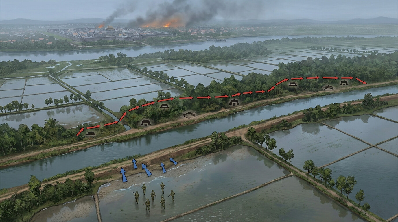 Tactical overview / map panel: aerial or elevated view of the battle area near Hue, February 1968. The Perfume River, the city of Hue in the distance with smoke rising, the flat agricultural terrain of rice paddies and tree lines in the foreground, with the waterway and bunker complex indicated.