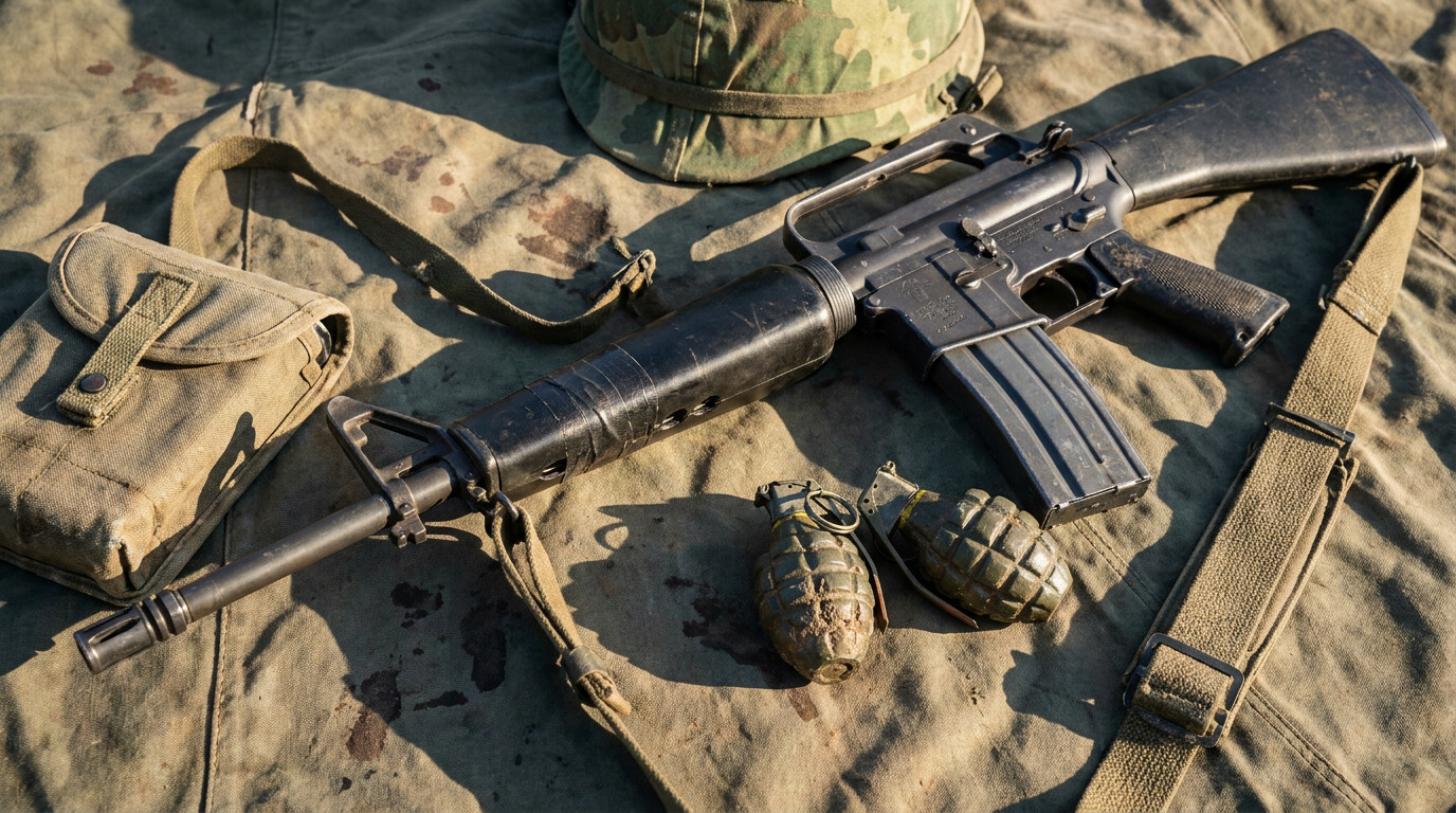 Equipment panel: Hooper's weapons and gear. Close-up technical study of the M16A1 rifle and M26 fragmentation grenades as they would have appeared in the field — worn, dirt-stained, taped, marked with the evidence of field use. Laid out on a military groundsheet or against a jungle background.