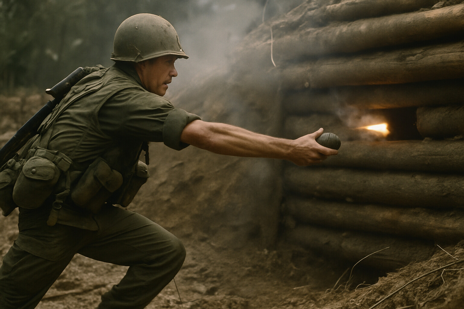 Action panel: Hooper assaulting a bunker. He is within throwing distance of a fortified enemy position — earth and log construction, a narrow firing aperture. He is mid-throw with a grenade, body low and moving fast, one arm already extended. Incoming fire visible from the aperture.