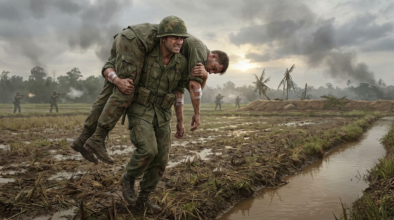 Intimate human moment: Hooper carrying a wounded soldier to safety. He is moving bent under the weight of a man draped over his shoulders in a fireman's carry, crossing open ground toward a covered position. The terrain is exposed, the threat implicit. Other soldiers in the background.