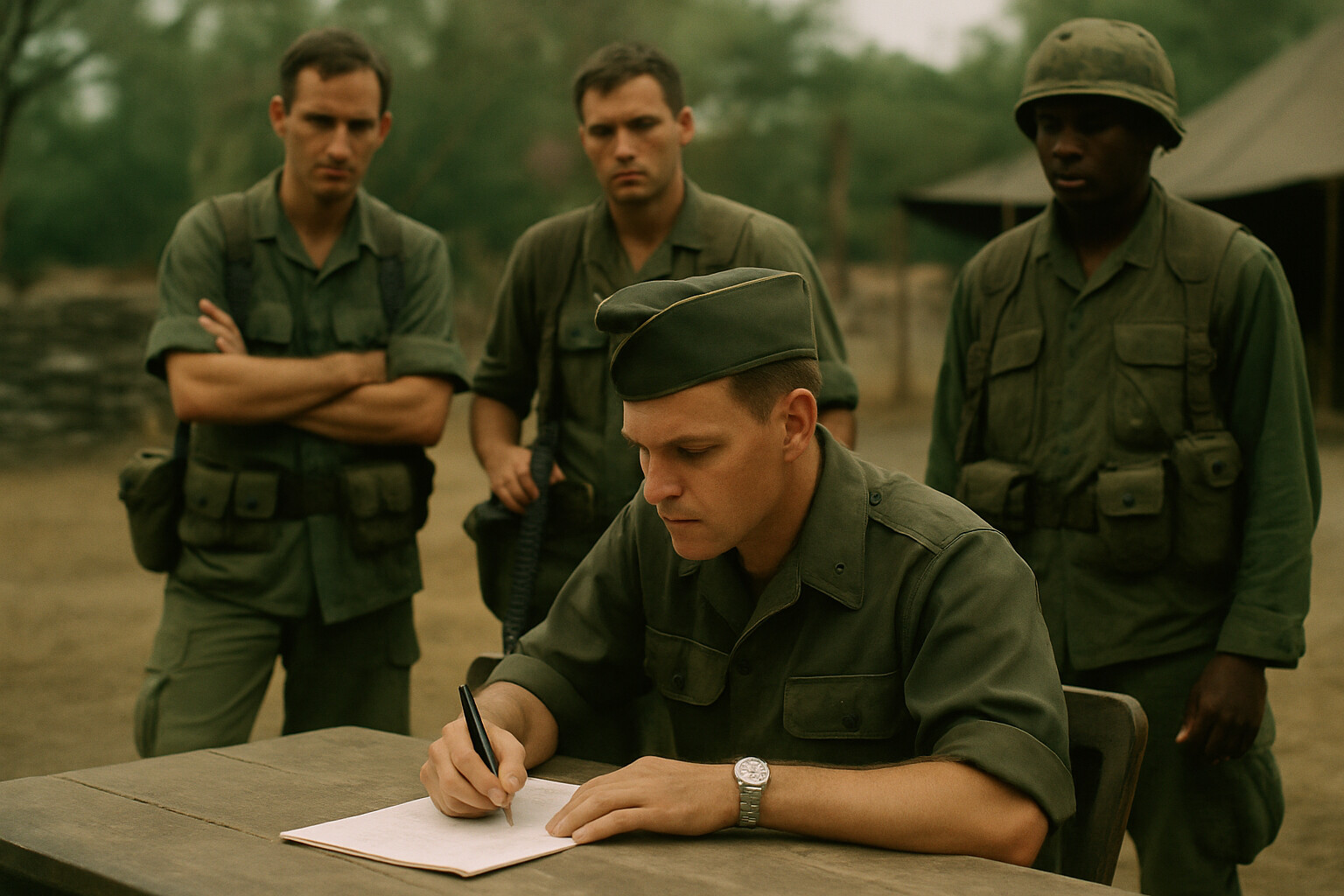Aftermath and record: the official documentation of valor. A staged historical scene showing the Medal of Honor nomination process — a military officer writing a witness statement or after-action report, with soldiers who participated as witnesses, in a rear-area field environment shortly after the battle.