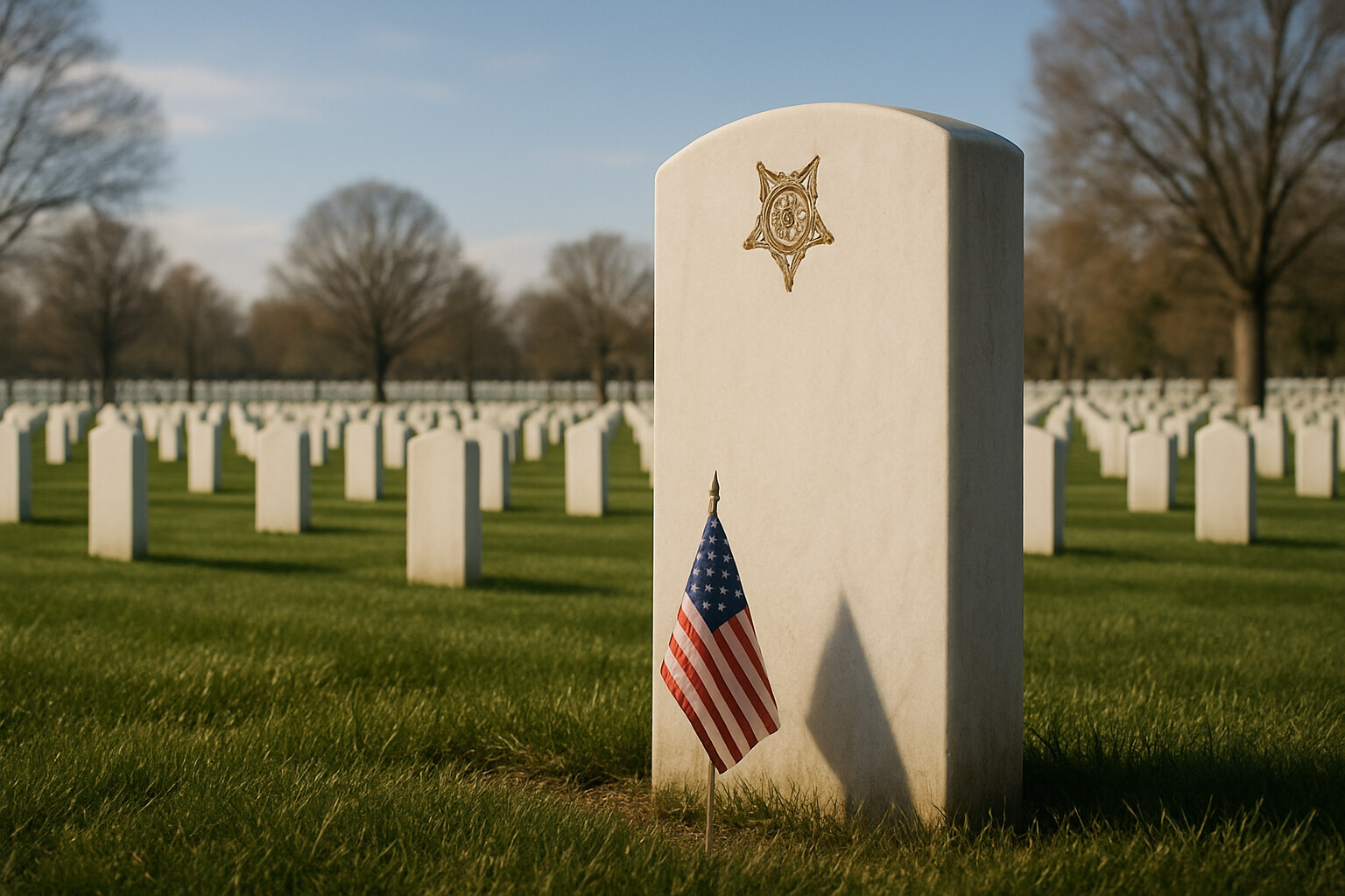 Legacy panel: Arlington National Cemetery. A clean, dignified image of the grave marker at Arlington — Section 48 — with a Medal of Honor grave marker, in the quiet landscape of the cemetery. The image should convey honor, loss, and permanence without sentimentality.